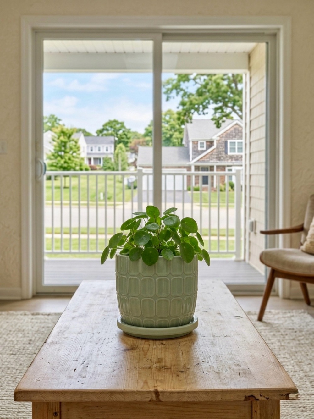 Sage Green Ceramic Planter with Attached Saucer 7 Inch • Textured Indoor Plant
